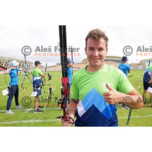 Ziga Ravnikar of Slovenia Archery team competes at Mediterranean Games in Oran, Algeria on June 29, 2022