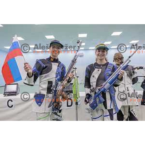 Ziva Dvorsak and Klavdija Jerovsek compete at Women\'s Air Rifle Shooting at Mediterranean Games in Oran, Algeria on July 1, 2022