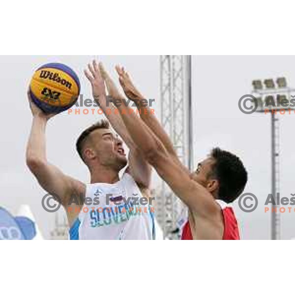 Action during 3x3 basketball match between Spain and Slovenia at Mediterranean Games in Oran, Algeria on July 1, 2022
