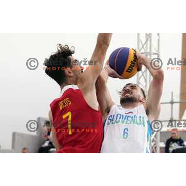 Action during 3x3 basketball match between Spain and Slovenia at Mediterranean Games in Oran, Algeria on July 1, 2022