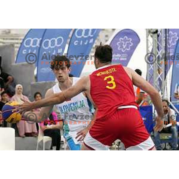 Action during 3x3 basketball match between Spain and Slovenia at Mediterranean Games in Oran, Algeria on July 1, 2022