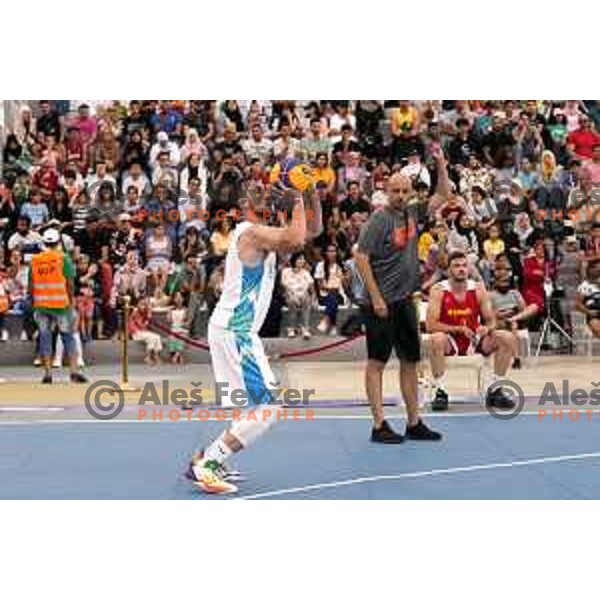 Action during 3x3 basketball match between Spain and Slovenia at Mediterranean Games in Oran, Algeria on July 1, 2022