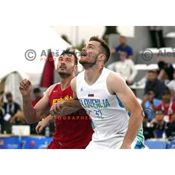 Action during 3x3 basketball match between Spain and Slovenia at Mediterranean Games in Oran, Algeria on July 1, 2022