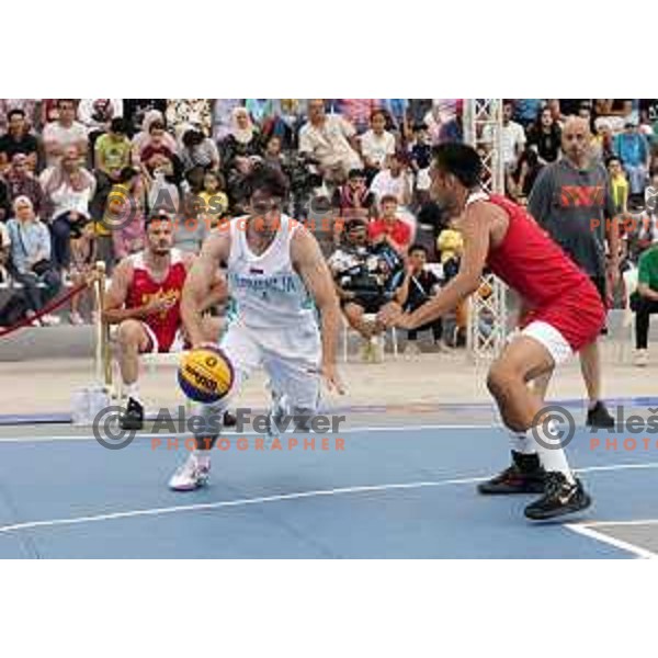 Action during 3x3 basketball match between Spain and Slovenia at Mediterranean Games in Oran, Algeria on July 1, 2022