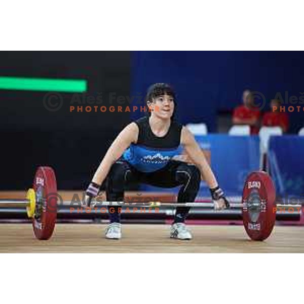 Nastasja Stesl (SLO) competes in snatch in Women’s -59 kg category in Weightlifting at Mediterranean Games in Oran, Algeria on July 2, 2022
