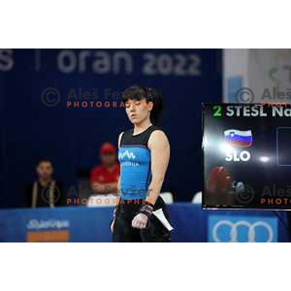 Nastasja Stesl (SLO) competes in snatch in Women’s -59 kg category in Weightlifting at Mediterranean Games in Oran, Algeria on July 2, 2022