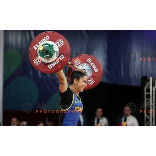 Skandi El Asaad (ESP) competes in snatch in Women’s -59 kg category in Weightlifting at Mediterranean Games in Oran, Algeria on July 2, 2022