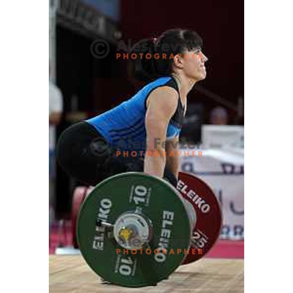 Nastasja Stesl (SLO) competes in clean and jerk in Women’s -59 kg category in Weightlifting at Mediterranean Games in Oran, Algeria on July 2, 2022
