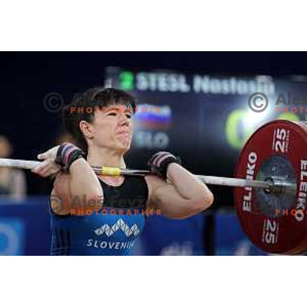 Nastasja Stesl (SLO) competes in clean and jerk in Women’s -59 kg category in Weightlifting at Mediterranean Games in Oran, Algeria on July 2, 2022