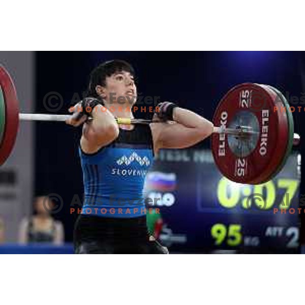 Nastasja Stesl (SLO) competes in clean and jerk in Women’s -59 kg category in Weightlifting at Mediterranean Games in Oran, Algeria on July 2, 2022