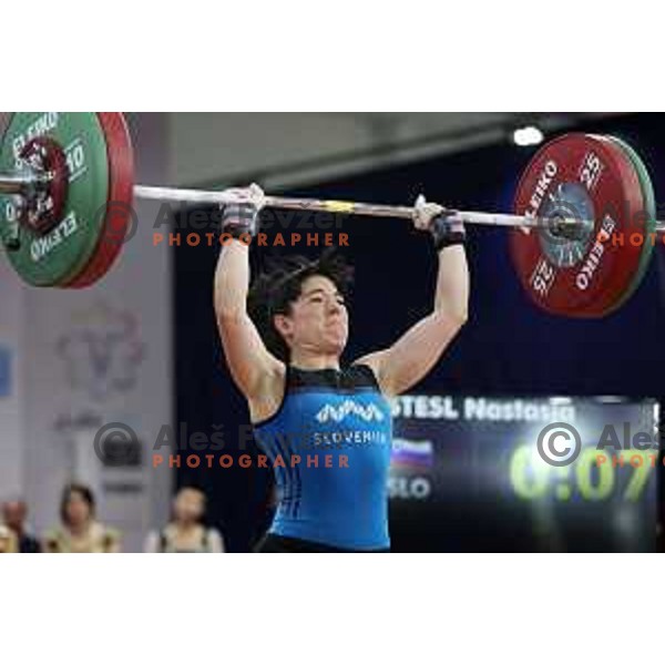 Nastasja Stesl (SLO) competes in clean and jerk in Women’s -59 kg category in Weightlifting at Mediterranean Games in Oran, Algeria on July 2, 2022