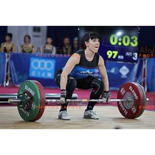 Nastasja Stesl (SLO) competes in clean and jerk in Women’s -59 kg category in Weightlifting at Mediterranean Games in Oran, Algeria on July 2, 2022