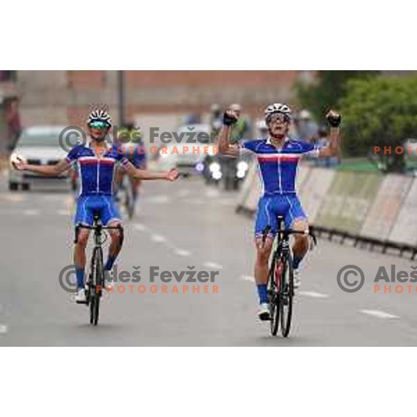 At the finish line of Men’s Cycling Road race at Mediterranean Games in Oran, Algeria on July 2, 2022