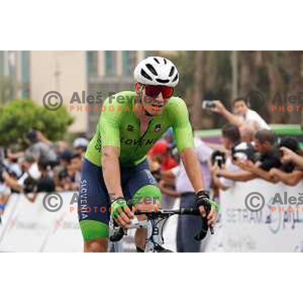 Tilen Finkst at the finish line of Men’s Cycling Road race at Mediterranean Games in Oran, Algeria on July 2, 2022