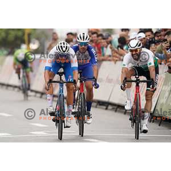 At the finish line of Men’s Cycling Road race at Mediterranean Games in Oran, Algeria on July 2, 2022