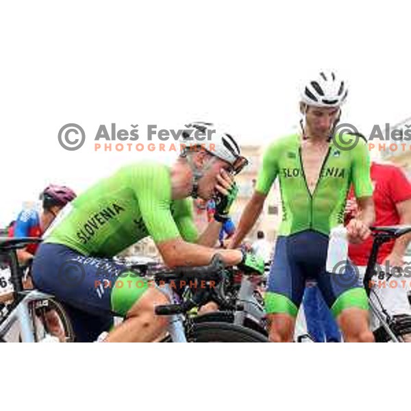 Tilen Finkst and Aljaz Jarc at the finish of Men’s Cycling Road race at Mediterranean Games in Oran, Algeria on July 2, 2022