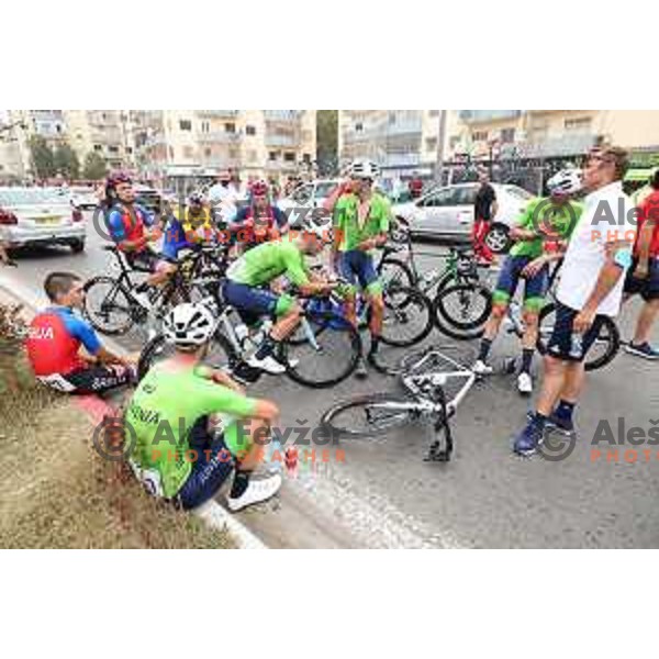 David Per, Tilen Finkst, Aljaz Jarc, Bostjan Murn and coach Uros Murn at the finish of Men’s Cycling Road race at Mediterranean Games in Oran, Algeria on July 2, 2022