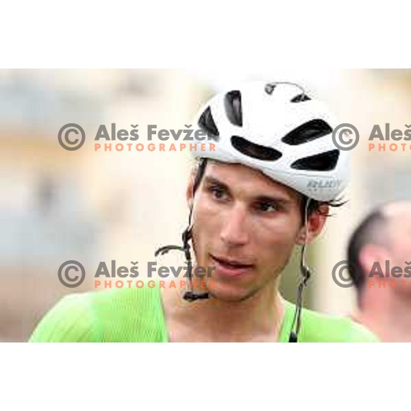 Aljaz Jarc at the finish of Men’s Cycling Road race at Mediterranean Games in Oran, Algeria on July 2, 2022