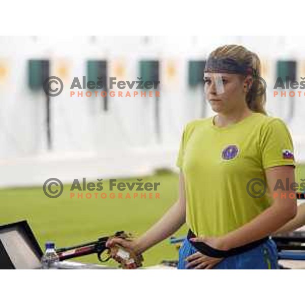 Sara Scuri (SLO) competes in Women\'s Air Pistol in Shooting at Mediterranean Games in Oran, Algeria on July 2, 2022