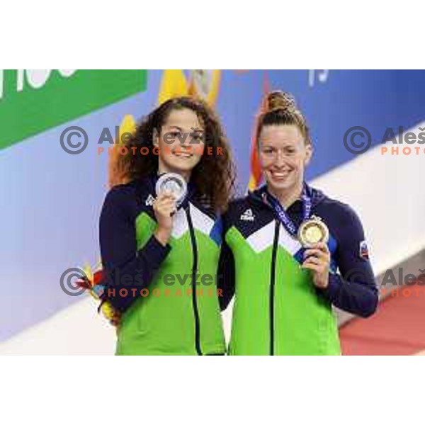 Katja Fain (SLO) silver medalist and Janja Segel (SLO), gold medalist in Women\'s 200 meters Freestyle in Swimming at Mediterranean Games in Oran, Algeria on July 2, 2022