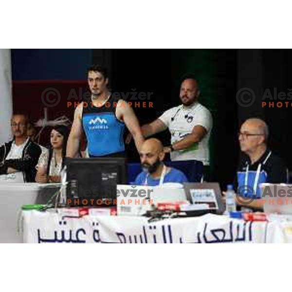 Jure Skedelj (SLO) competes in snatch in Men’s 102 kg category in Weightlifting at Mediterranean Games in Oran, Algeria on July 4, 2022