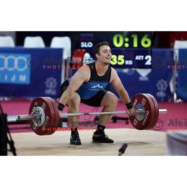 Jure Skedelj (SLO) competes in snatch in Men’s 102 kg category in Weightlifting at Mediterranean Games in Oran, Algeria on July 4, 2022