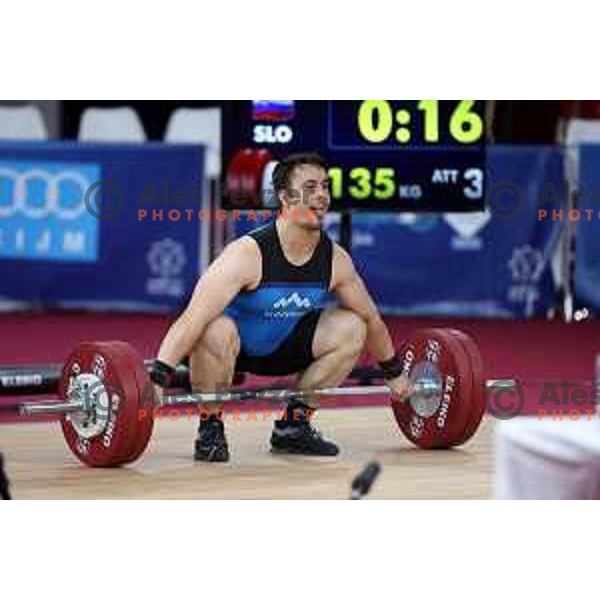 Jure Skedelj (SLO) competes in snatch in Men’s 102 kg category in Weightlifting at Mediterranean Games in Oran, Algeria on July 4, 2022