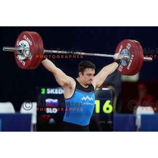 Jure Skedelj (SLO) competes in snatch in Men’s 102 kg category in Weightlifting at Mediterranean Games in Oran, Algeria on July 4, 2022