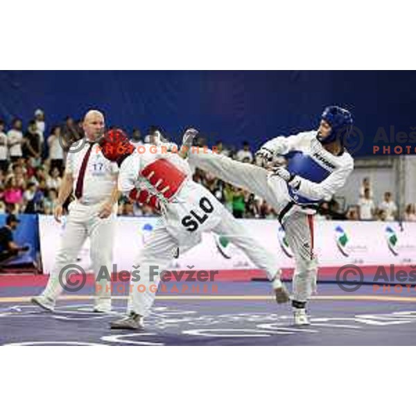 Domen Molj (SLO) competes in Men’s Taekwondo -58 kg category at Mediterranean Games in Oran, Algeria on July 4, 2022