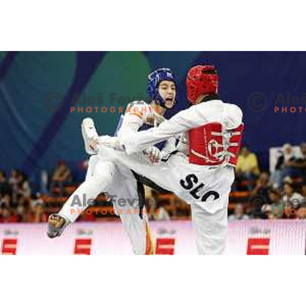 Domen Molj (SLO) competes in semi-final of Men’s Taekwondo -58 kg category at Mediterranean Games in Oran, Algeria on July 4, 2022