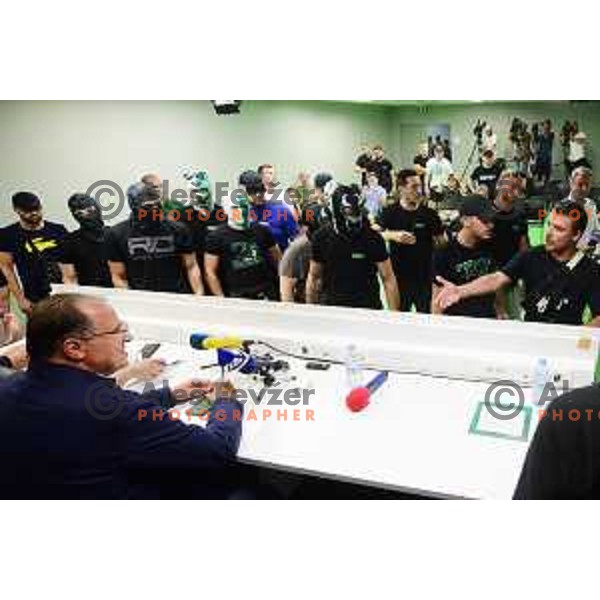 Adam Delius, president of NK Olimpija faces Green Dragons during press conference in Ljubljana, Slovenia on July 4, 2022