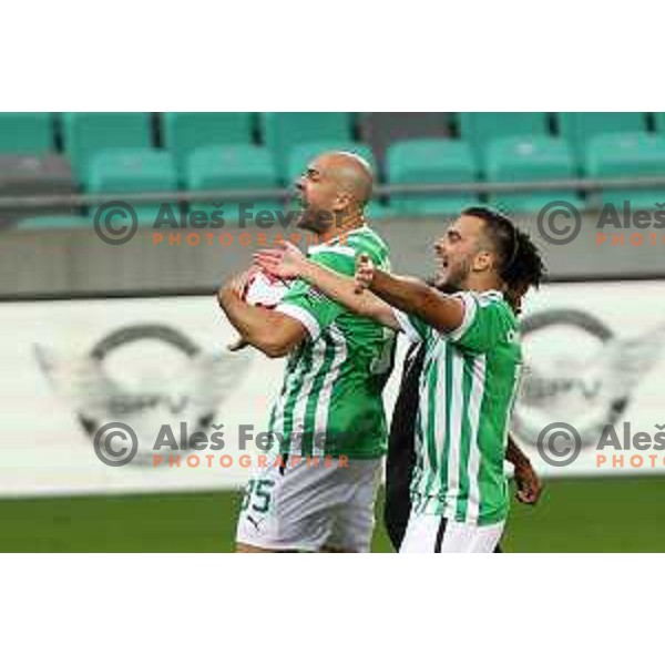 Goran Milovic and Djordje Crnomarkovic celebrate goal during UEFA Conference league qualifier between Olimpija and Differdange in SRC Stozice, Ljubljana, Slovenia on July 7, 2022