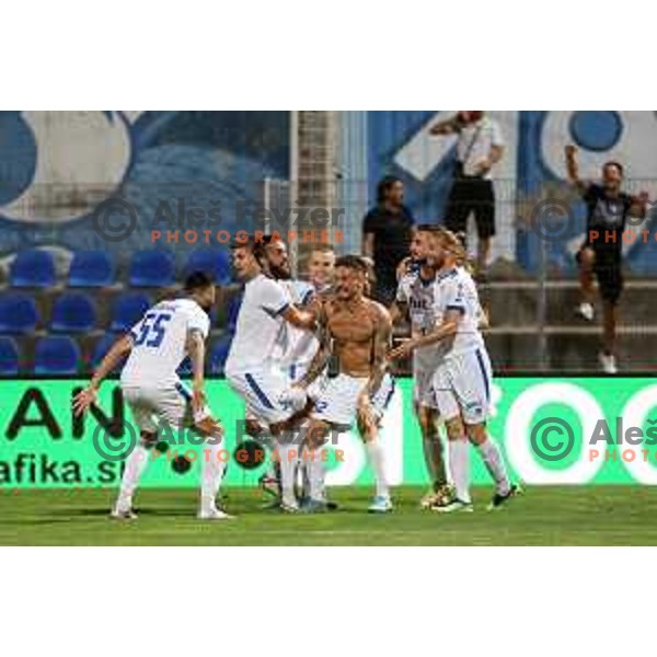 Luka Vekic and players of Gorica celebrate goal during Prva Liga Telemach 2022-2023 football match between Gorica and Bravo in Gorica, Slovenia on July 18, 2022