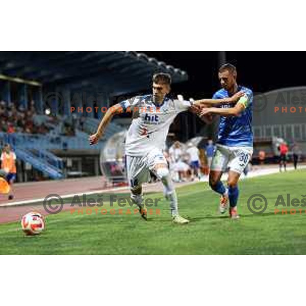 Zan Leban and Almin Kurtovic in action during Prva Liga Telemach 2022-2023 football match between Gorica and Bravo in Gorica, Slovenia on July 18, 2022