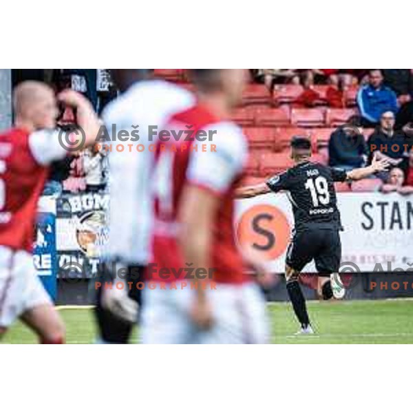 Mirlind Daku celebrating during UEFA Conference league qualifier football match between Saint Patrick’s Athletic and NS Mura in Richmond Park, Dublin, Ireland on July 21, 2022. Photo: Jure Banfi/www.alesfevzer.com