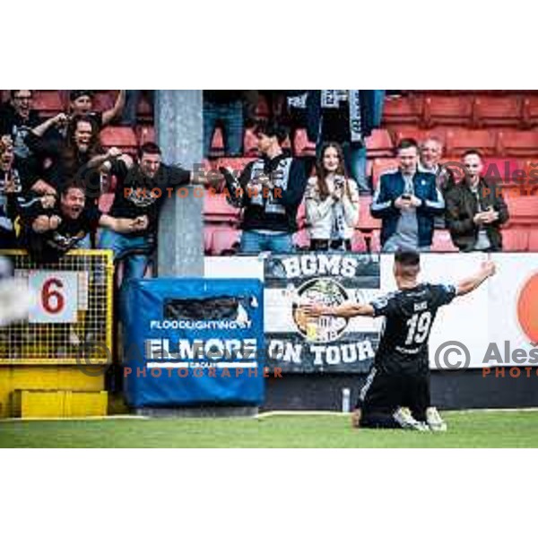 Mirlind Daku celebrating during UEFA Conference league qualifier football match between Saint Patrick’s Athletic and NS Mura in Richmond Park, Dublin, Ireland on July 21, 2022. Photo: Jure Banfi/www.alesfevzer.com