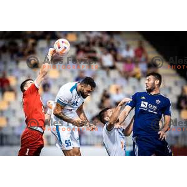 Uros Likar and Denis Cerovec vs Roko Baturina in action during Prva liga Telemach football match between Maribor and Gorica in Ljudski vrt, Maribor, Slovenia on July 23, 2022. Photo: Jure Banfi/www.alesfevzer.com