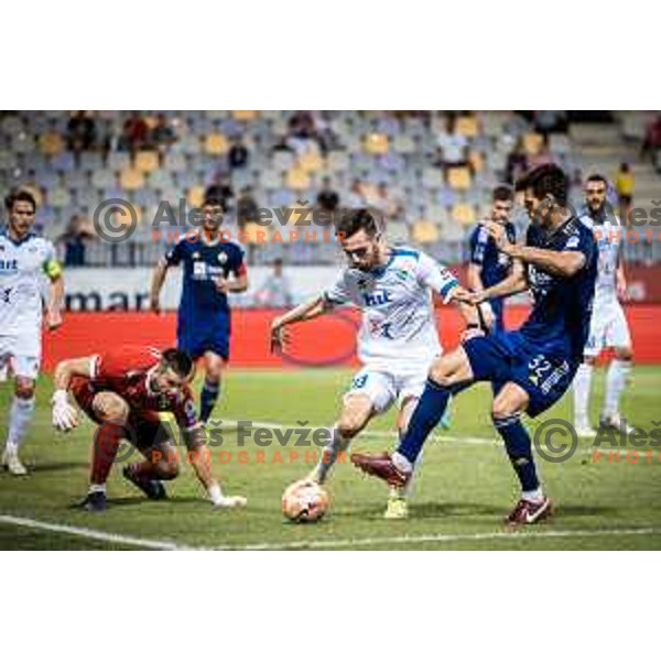 Uros Likar and Darko Hrka in action during Prva liga Telemach football match between Maribor and Gorica in Ljudski vrt, Maribor, Slovenia on July 23, 2022. Photo: Jure Banfi/www.alesfevzer.com