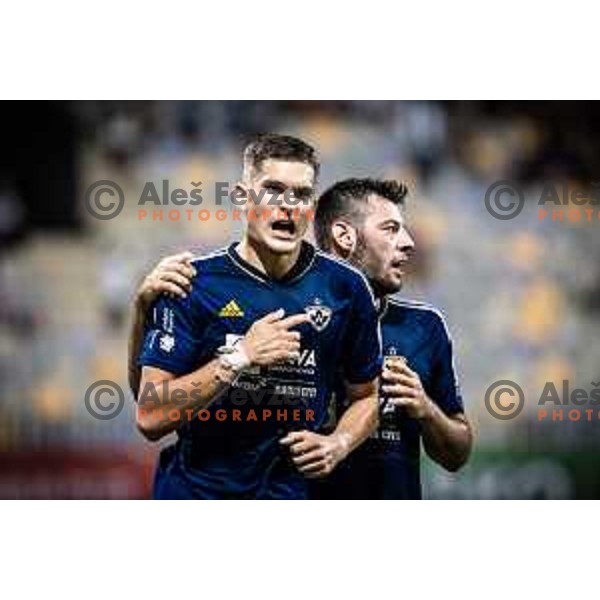 Nino Zugelj and Roko Baturina celebrating during Prva liga Telemach football match between Maribor and Gorica in Ljudski vrt, Maribor, Slovenia on July 23, 2022. Photo: Jure Banfi/www.alesfevzer.com