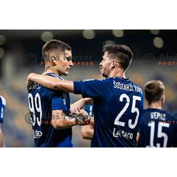 Nino Zugelj and Sven Sostaric Karic celebrating during Prva liga Telemach football match between Maribor and Gorica in Ljudski vrt, Maribor, Slovenia on July 23, 2022. Photo: Jure Banfi/www.alesfevzer.com
