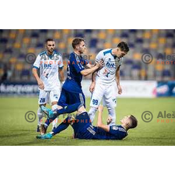 Jan Repas and Nino Zugelj vs Alen Kranjc in action during Prva liga Telemach football match between Maribor and Gorica in Ljudski vrt, Maribor, Slovenia on July 23, 2022. Photo: Jure Banfi/www.alesfevzer.com