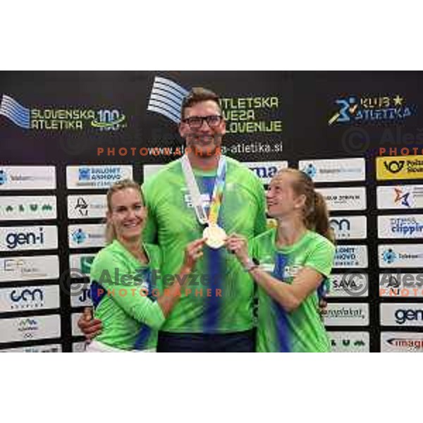 Neja Filipic, Kristjan Ceh, World Champion in discus in Oregon 2022 and Tina Sutej during press conference of Slovenian Athletics Federation in Ljubljana, Slovenia on July 25, 2022