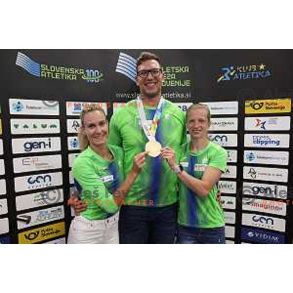 Neja Filipic, Kristjan Ceh, World Champion in discus in Oregon 2022 and Tina Sutej during press conference of Slovenian Athletics Federation in Ljubljana, Slovenia on July 25, 2022