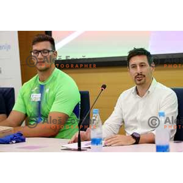 Kristjan Ceh, World Champion in discus from Oregon 2022 and Nejc Jerasa during press conference of Slovenian Athletics Federation in Ljubljana, Slovenia on July 25, 2022