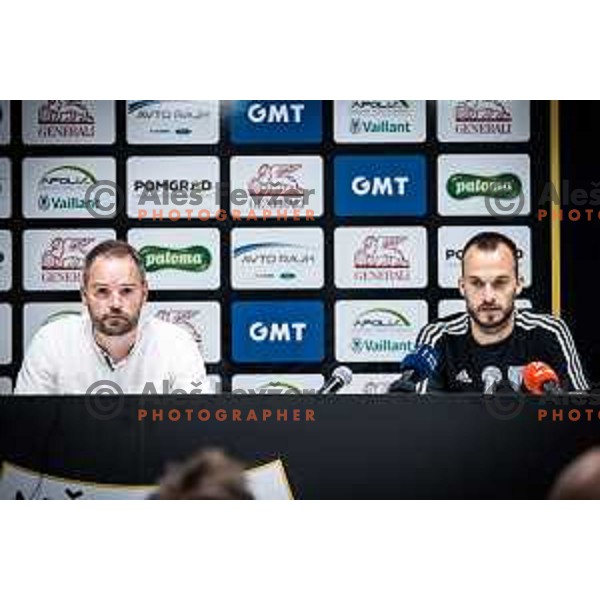 Damir Contala and Ziga Kous at the press conference during UEFA Conference league qualifier football match between NS Mura and Saint Patrick’s Athletic in Fazanerija, Murska Sobota, Slovenia on July 28, 2022. Photo: Jure Banfi