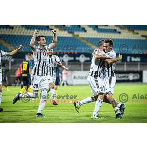 Nikola Petkovic, Matic Marusko and Martin Sroler celebrating during Prva liga Telemach football match between Celje and Mura in Arena z’dezele, Celje, Slovenia on July 31, 2022. Photo: Jure Banfi