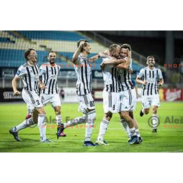 Kai Cipot, Nikola Petkovic, Matic Marusko and Martin Sroler celebrating during Prva liga Telemach football match between Celje and Mura in Arena z’dezele, Celje, Slovenia on July 31, 2022. Photo: Jure Banfi