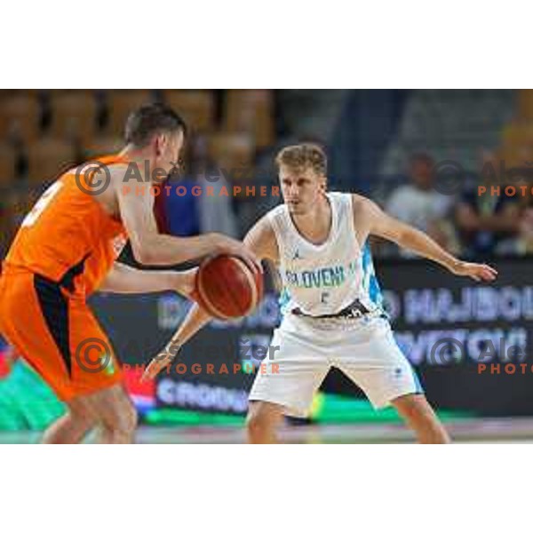 Luka Rupnik in action during basketball friendly match between Slovenia and Netherlands in Arena Zlatorog, Celje, Slovenia on August 4, 2022