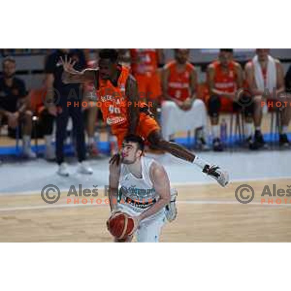 Robert Jurkovic and Gregor Glas in action during basketball friendly match between Slovenia and Netherlands in Arena Zlatorog, Celje, Slovenia on August 4, 2022