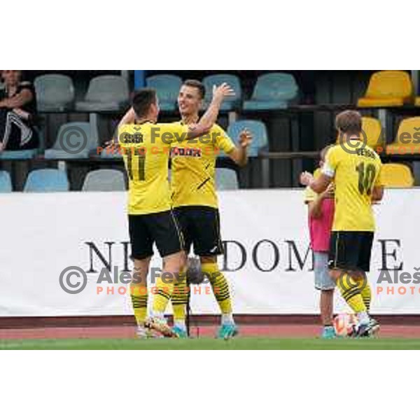 Nedim Hadzic and players of Radomlje celebrate goal during Prva Liga Telemach 2022-2023 football match between Kalcer Radomlje and Mura in Domzale, Slovenia on August 7, 2022